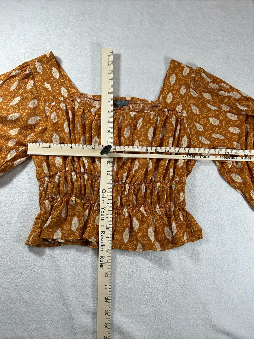 Haute Hippie Chic Orange White Peasant Top S Smocked Waist Boho Festival Summer - Picture 4 of 5